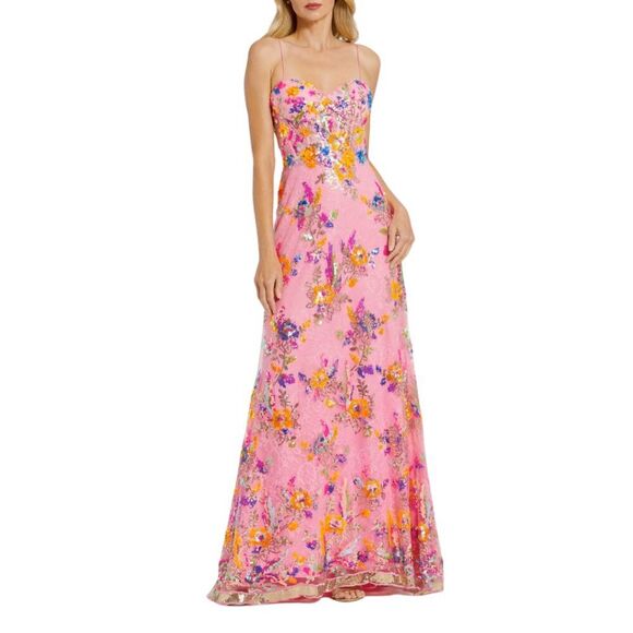 Mac Duggal 68508 Size 6 Pink Blue Gold Floral Sequin Lace Gown Long Maxi Dress - Picture 3 of 5